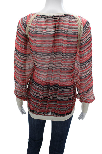 Ella Moss Women Silk Tunic Blouse Red Square Neck Long Sleeve Geometric Size L