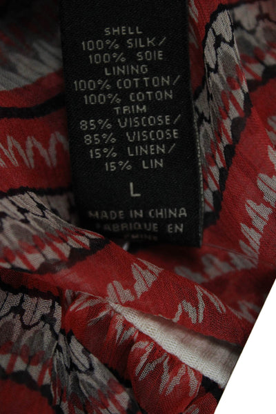 Ella Moss Women Silk Tunic Blouse Red Square Neck Long Sleeve Geometric Size L