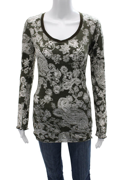 Erge Designe Women Tunic T-Shirt Green Paisley V-Neck Long Sleeve Size S