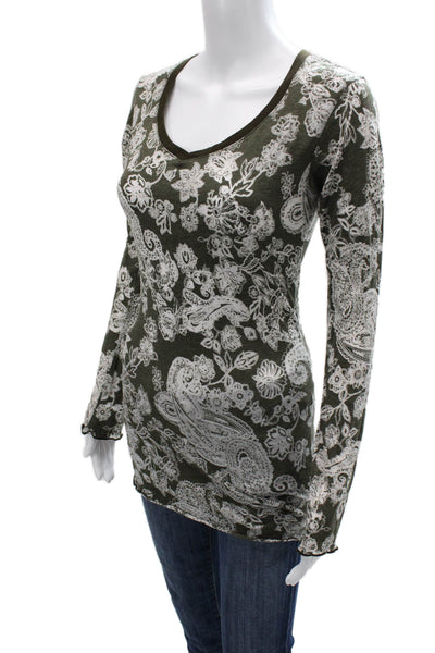 Erge Designe Women Tunic T-Shirt Green Paisley V-Neck Long Sleeve Size S