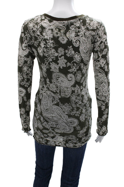Erge Designe Women Tunic T-Shirt Green Paisley V-Neck Long Sleeve Size S