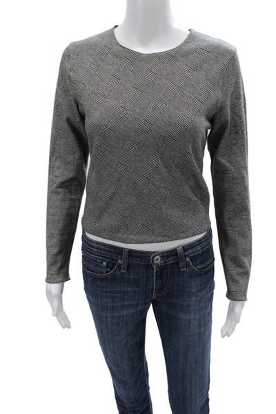 Zara Women Basic Gray Check Crew Neck Long Sleeve Top Size M