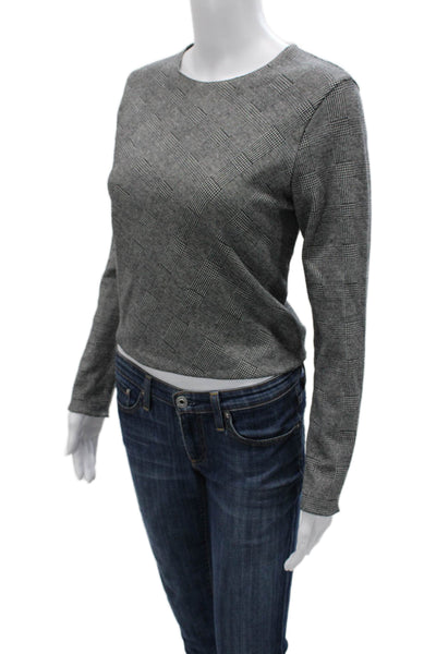 Zara Women Basic Gray Check Crew Neck Long Sleeve Top Size M