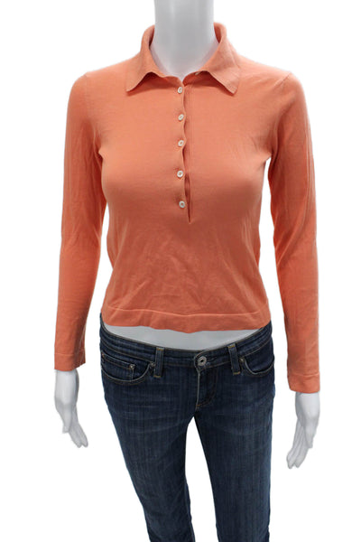 Malo Women Cropped Collared Cotton Button Up Top Long Sleeve Orange Size S