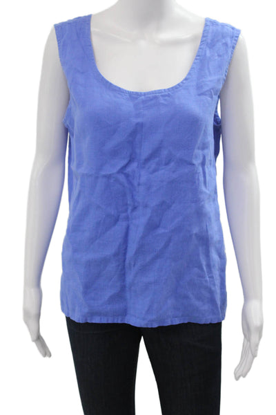 Linen Sea Women Blue Sleeveless Linen Tank Round Neck Basic Beach Top Size M