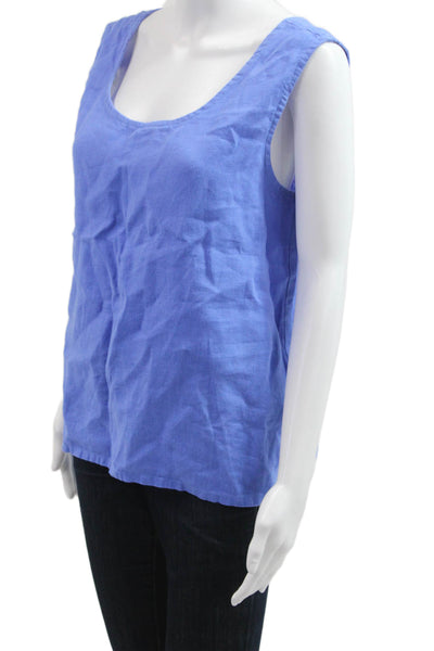 Linen Sea Women Blue Sleeveless Linen Tank Round Neck Basic Beach Top Size M