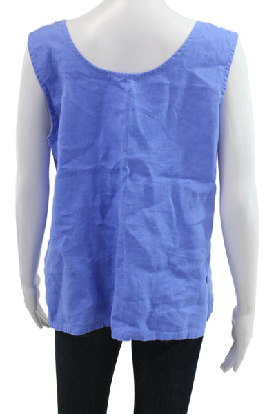 Linen Sea Women Blue Sleeveless Linen Tank Round Neck Basic Beach Top Size M