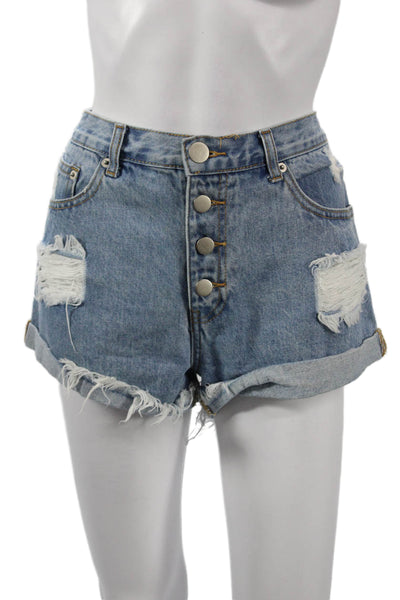 By The Way Womens Blue Cotton 90s Button Shorts Size 28