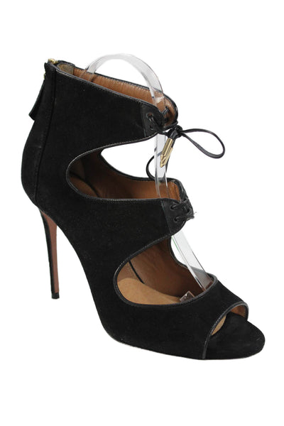 Aquazzura Womens Suede Lace Up Cut Out Stiletto Heels Black Size 8
