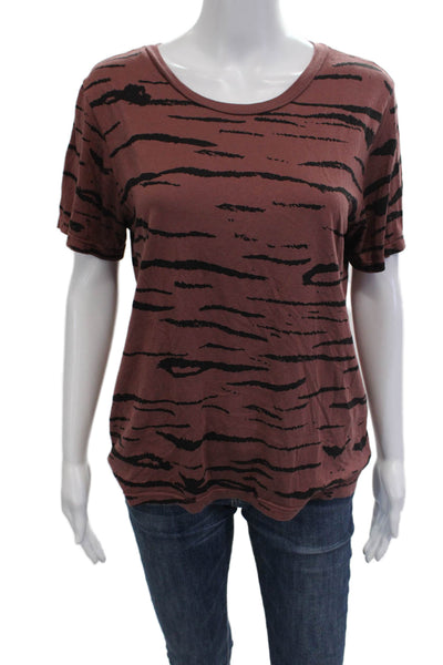 Monrow Women Basic Brown Linen Animal Print Short Sleeve T-Shirt Size S