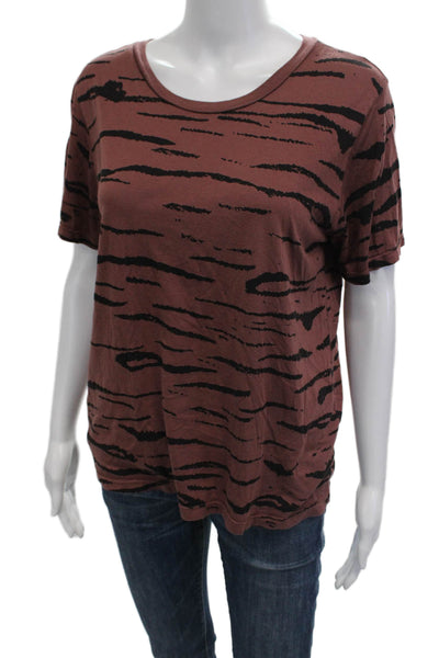 Monrow Women Basic Brown Linen Animal Print Short Sleeve T-Shirt Size S