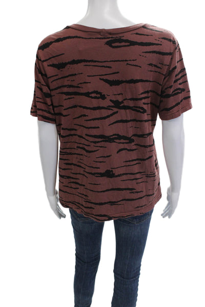 Monrow Women Basic Brown Linen Animal Print Short Sleeve T-Shirt Size S