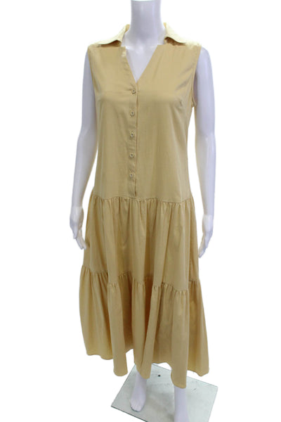 Elie Tahari Women Beige Sleeveless Shirt Dress V-Neck Button Size S