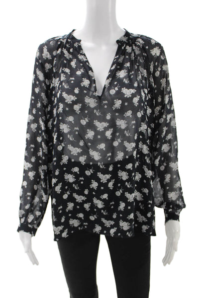 Vince Women Black Silk V-Neck Floral Long Sleeve Blouse Petite Size XS