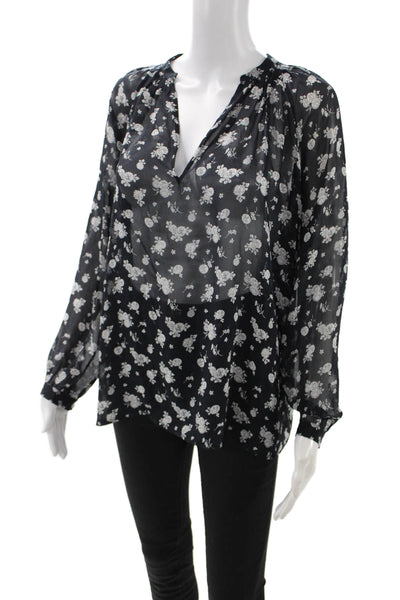 Vince Women Black Silk V-Neck Floral Long Sleeve Blouse Petite Size XS