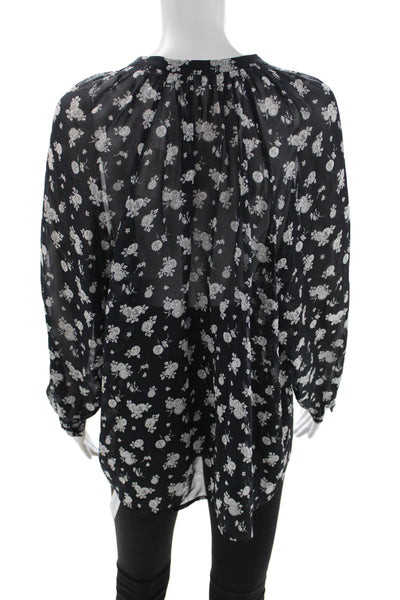 Vince Women Black Silk V-Neck Floral Long Sleeve Blouse Petite Size XS