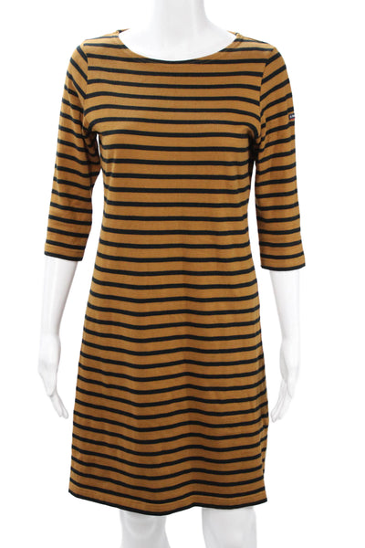 Armor Lux Womens Striped Brown Shift Sweater Dress 3/4 Sleeve Cotton Size 0