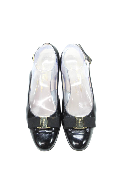 Salvatore Ferragamo Womens Patent Leather Slingbacks Pumps Black Size 9.5 Narrow