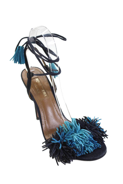 Aquazzura Womens Suede Fringe Lace Up Sandal Heels Navy Blue Size 36 6