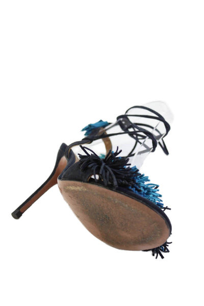 Aquazzura Womens Suede Fringe Lace Up Sandal Heels Navy Blue Size 36 6