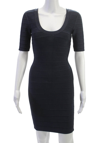 Herve Leger Women Dark Blue Bodycon Sheath Short Sleeve Zip Size 2XS