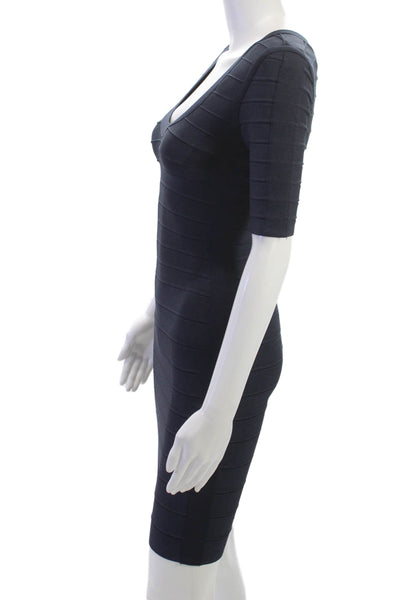 Herve Leger Women Dark Blue Bodycon Sheath Short Sleeve Zip Size 2XS