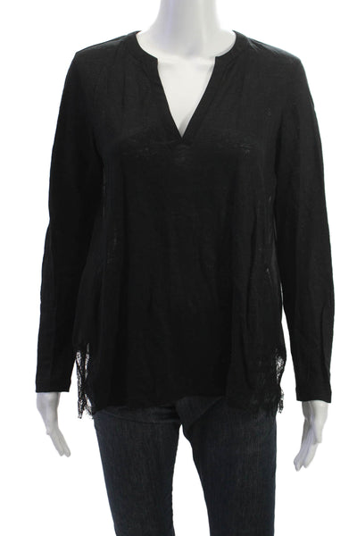 Sandro Women Black Silk Blend V-Neck Long Sleeve Tunic Blouse Size L