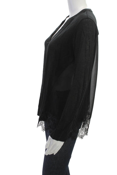 Sandro Women Black Silk Blend V-Neck Long Sleeve Tunic Blouse Size L