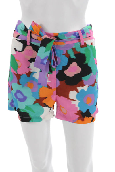 Lili Sidonio Women Black Floral Tie Waist Polyester Shorts Size XS