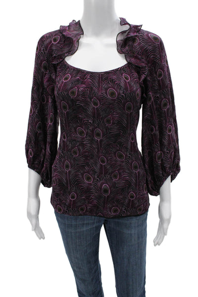 Nanette Lepore Women Black Silk Square Neck 3/4 Sleeve Bird Print Blouse Size 2