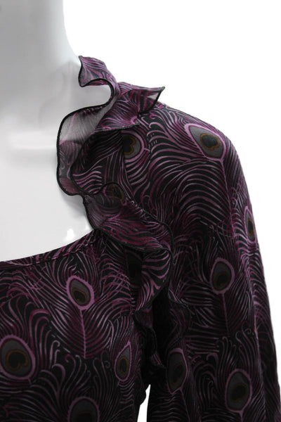 Nanette Lepore Women Black Silk Square Neck 3/4 Sleeve Bird Print Blouse Size 2