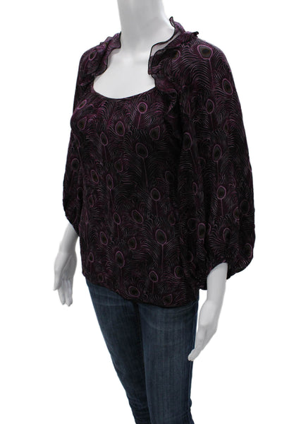 Nanette Lepore Women Black Silk Square Neck 3/4 Sleeve Bird Print Blouse Size 2