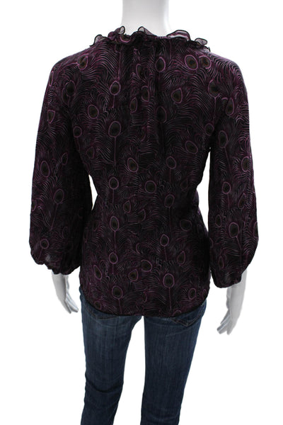 Nanette Lepore Women Black Silk Square Neck 3/4 Sleeve Bird Print Blouse Size 2