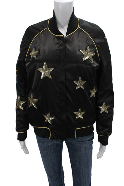 Karssen Zoe Karssen Womens Bomber Jacket Black Stars Zip Mock Neck Size S