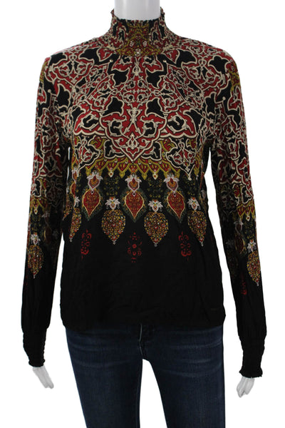 Desigual Women Bohemian Paisley Mock Neck Black Long Sleeve Blouse Size S