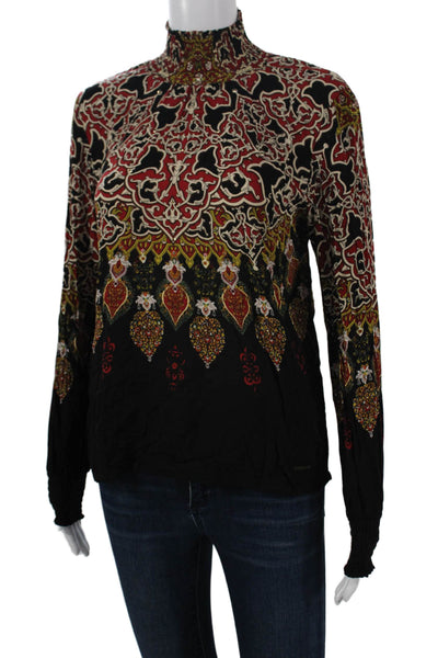 Desigual Women Bohemian Paisley Mock Neck Black Long Sleeve Blouse Size S