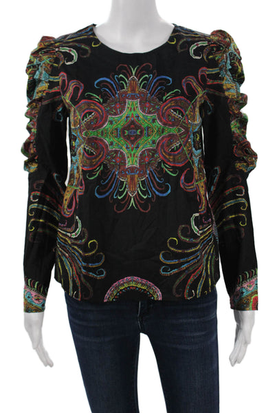 Desigual Women Bohemian Paisley Black Round Neck Long Sleeve Blouse Size S