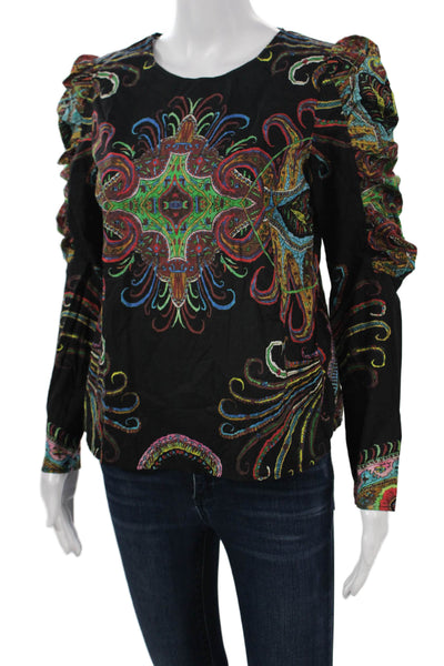 Desigual Women Bohemian Paisley Black Round Neck Long Sleeve Blouse Size S