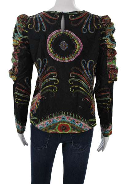 Desigual Women Bohemian Paisley Black Round Neck Long Sleeve Blouse Size S