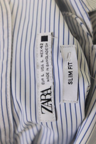 Zara Mens Striped Collared Long Sleeve Button-Down Shirt White Size L