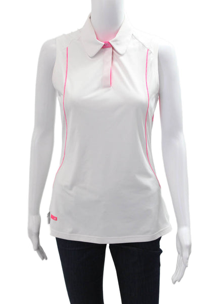 Adidas Women White Sleeveless Polo Collared Button Front Size S