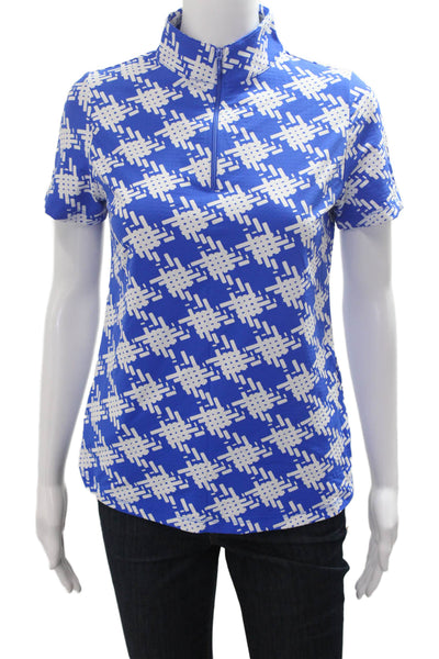 Ibkul Womens Blue Mock Neck Short Sleeve Polo Geometric Zip Size S