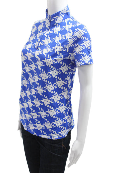 Ibkul Womens Blue Mock Neck Short Sleeve Polo Geometric Zip Size S