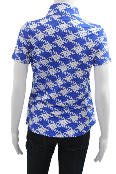 Ibkul Womens Blue Mock Neck Short Sleeve Polo Geometric Zip Size S