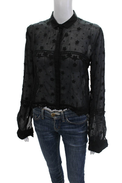 Giamba Women Black Floral Collared Button Up Long Sleeve Blouse Size XS