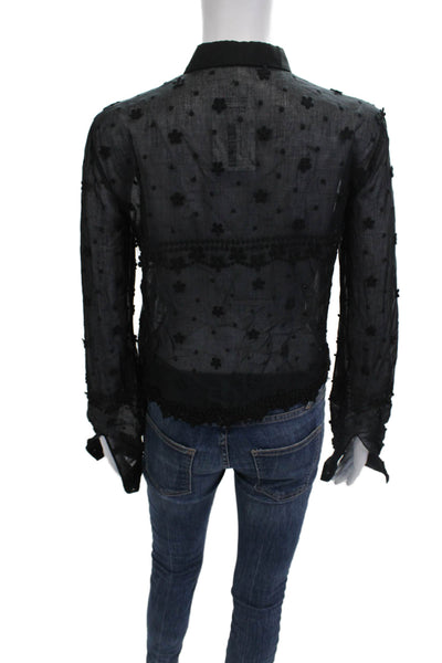 Giamba Women Black Floral Collared Button Up Long Sleeve Blouse Size XS