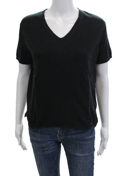360 Cashmere Women Basic Black Cotton V-Neck Short Sleeve T-Shirt Size XS