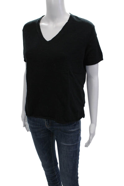 360 Cashmere Women Basic Black Cotton V-Neck Short Sleeve T-Shirt Size XS