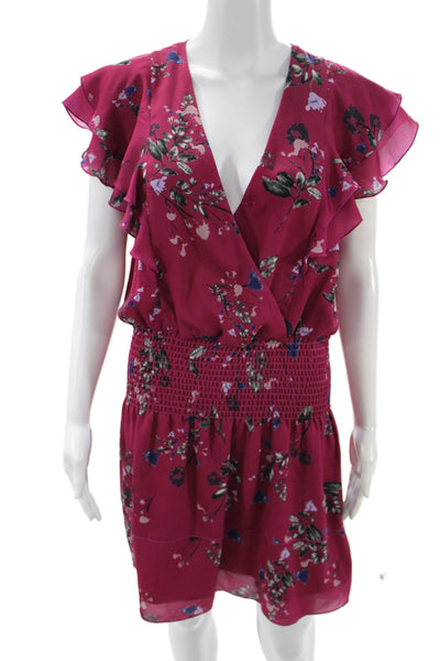 Parker Women Blouson Wrap Dress Pink Floral Short Sleeve V Neck Size M