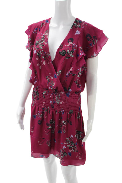 Parker Women Blouson Wrap Dress Pink Floral Short Sleeve V Neck Size M